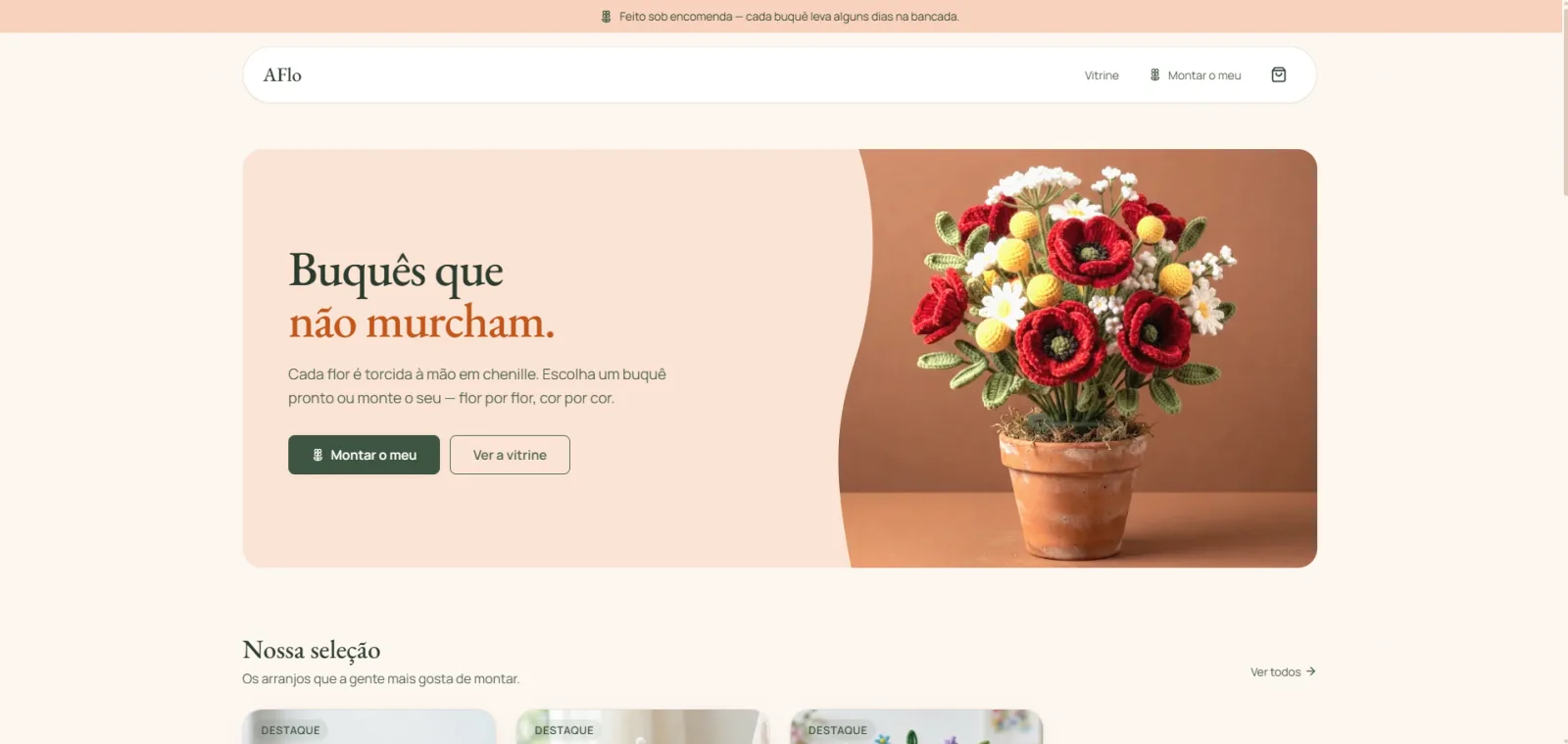 Página inicial da loja AFlo, com um buquê de flores de chenille